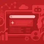 Ilustración monocromática en color rojo sobre inteligencia artificial, SEO y búsquedas digitales con elementos tecnológicos y analítica web.