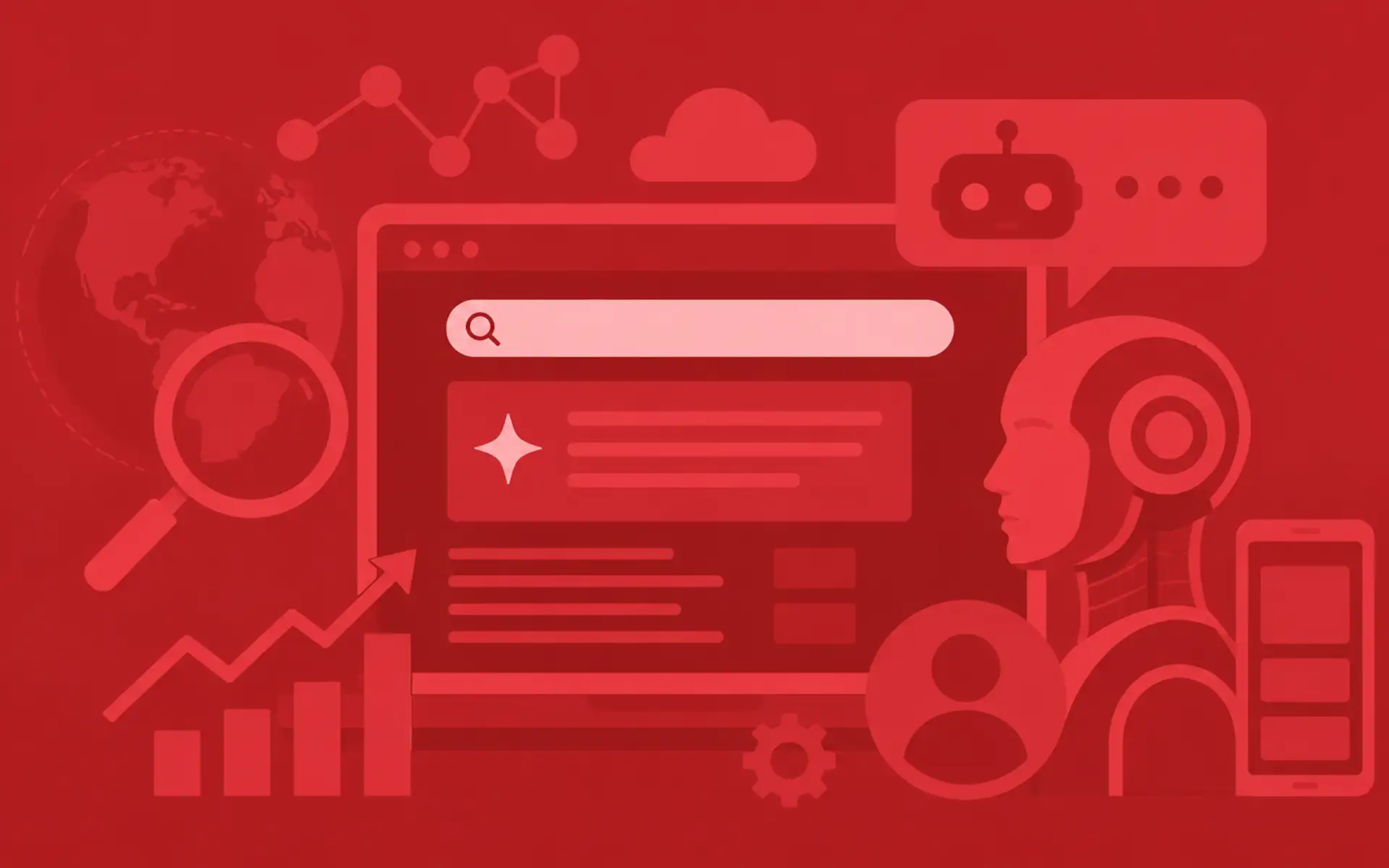 Ilustración monocromática en color rojo sobre inteligencia artificial, SEO y búsquedas digitales con elementos tecnológicos y analítica web.
