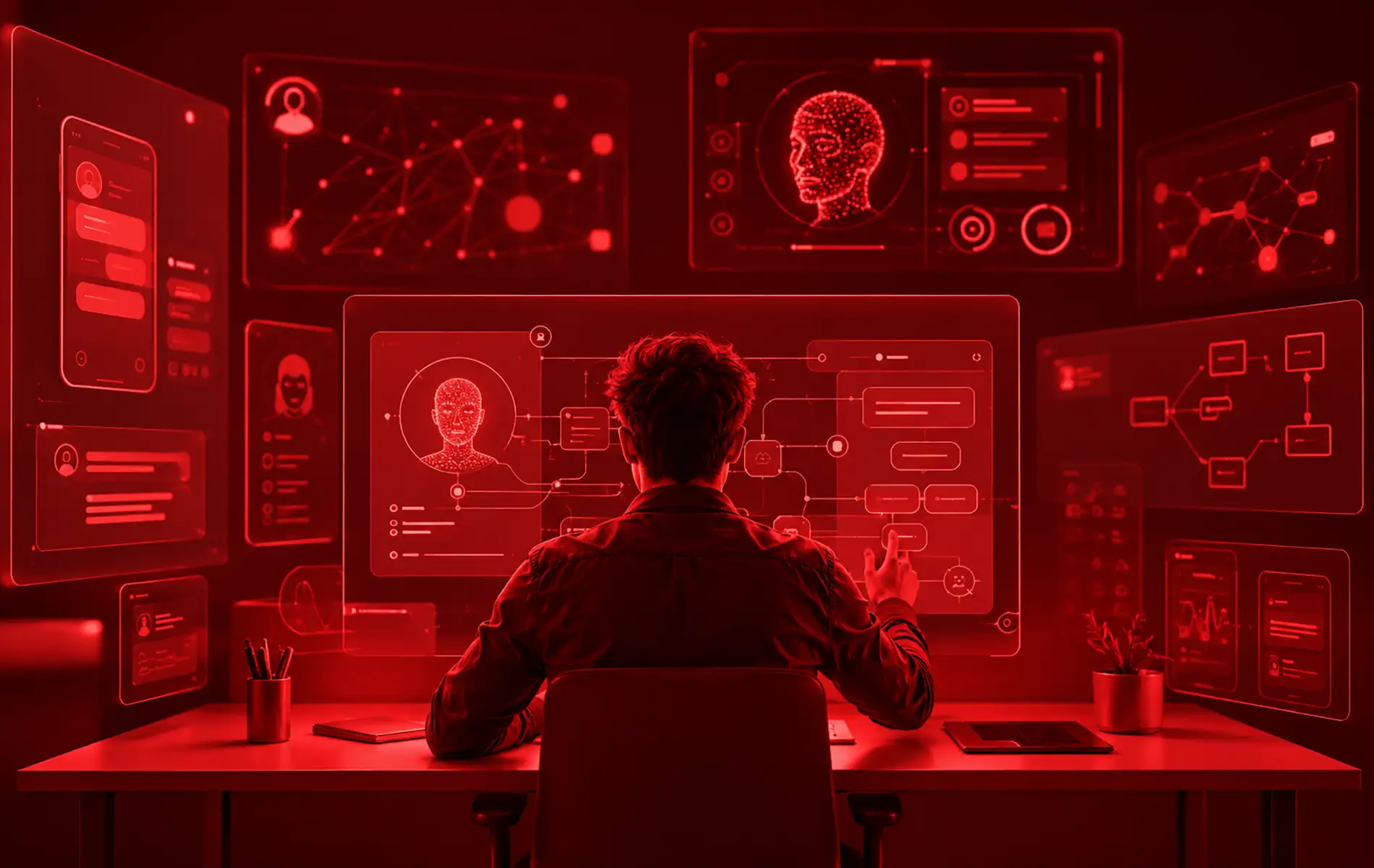 Diseñador creando experiencias conversacionales mediante inteligencia artificial.