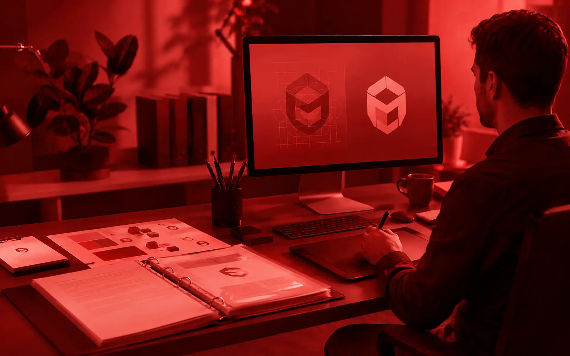 Diseñador analizando un nuevo logotipo para una marca registrada en un estudio creativo.